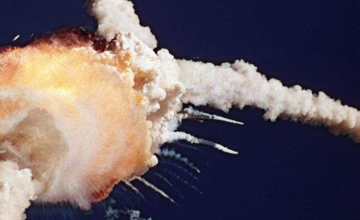 The Space Shuttle Challenger explodes shortly after lifting off from Kennedy Space Center, Fla., Tuesday, Jan. 28, 1986