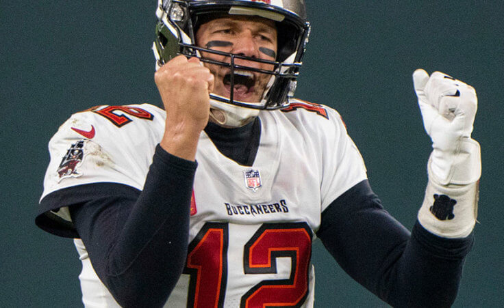 Tampa Bay Buccaneers quarterback Tom Brady (12) celebrates late in the the NFC Championship game against the Green Bay Packers, Saturday, January 24, 2021 in Green Bay, Wis.