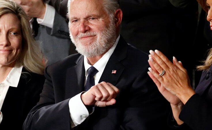 Rush Limbaugh reacts as first Lady Melania Trump, and his wife Kathryn, applaud, as President Donald Trump delivers his State of the Union address to a joint session of Congress on Capitol Hill in Washington.