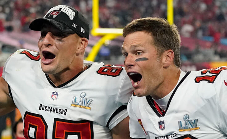 Tampa Bay Buccaneers tight end Rob Gronkowski, left, and quarterback Tom Brady celebrate after defeating the Kansas City Chiefs in the NFL Super Bowl 55 football game Sunday, Feb. 7, 2021, in Tampa, Fla.