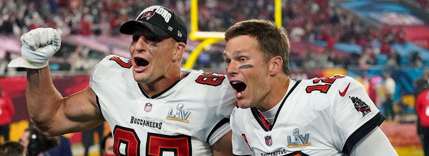 Tampa Bay Buccaneers tight end Rob Gronkowski, left, and quarterback Tom Brady celebrate after defeating the Kansas City Chiefs in the NFL Super Bowl 55 football game Sunday, Feb. 7, 2021, in Tampa, Fla.