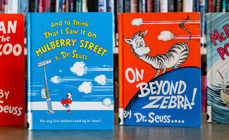 Dr. Seuss childrens' books, from left, "If I Ran the Zoo," "And to Think That I Saw It on Mulberry Street," "On Beyond Zebra!" and "McElligot's Pool"