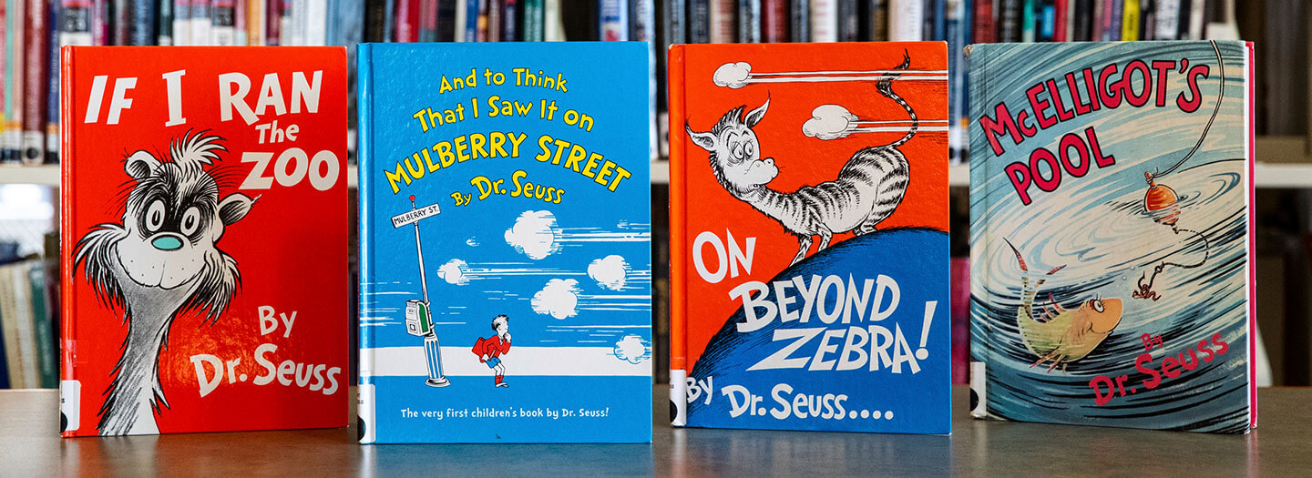 Dr. Seuss childrens' books, from left, "If I Ran the Zoo," "And to Think That I Saw It on Mulberry Street," "On Beyond Zebra!" and "McElligot's Pool"