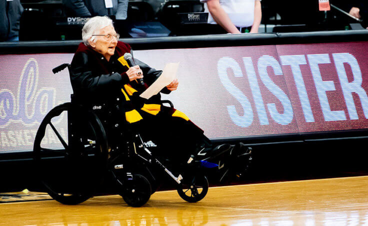CHICAGO, IL - JANUARY 15: Jean Dolores Schmidt BVM, Sister Jean, a chaplain for the Loyola-Chicago Ramblers leads the arena in prayer before a game between the Valparaiso Crusaders and the Loyola-Chicago Ramblers on January 15, 2019, at the Joseph J. Gentile Arena in Chicago, IL. (Photo by Patrick Gorski/Icon Sportswire) (Icon Sportswire via AP Images)