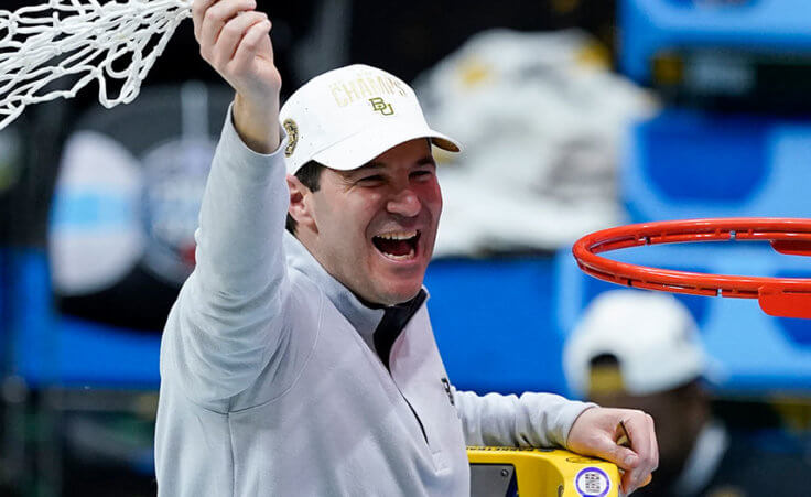 Baylor head coach Scott Drew cuts down the net after the championship game against Gonzaga in the men's Final Four NCAA college basketball tournament, Monday, April 5, 2021, at Lucas Oil Stadium in Indianapolis. Baylor won 86-70. (AP Photo/Darron Cummings)