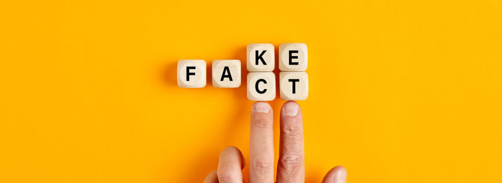 The words fact and fake appear on dice