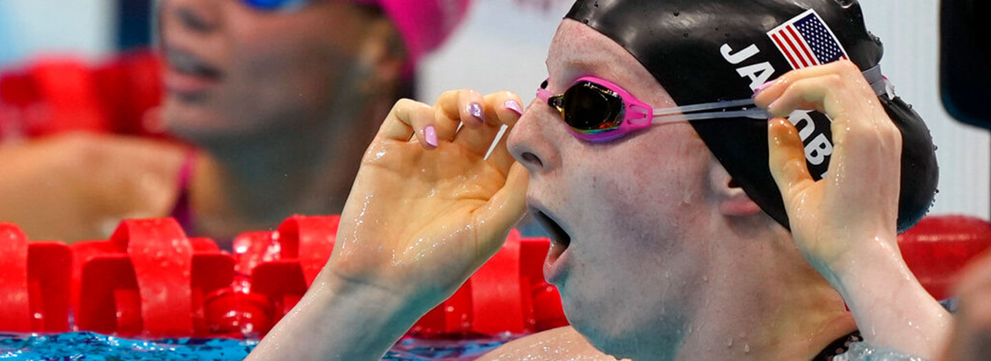 Lydia Jacoby of the United States, sees the results after winning the final of the women's 100-meter breaststroke at the 2020 Summer Olympics.