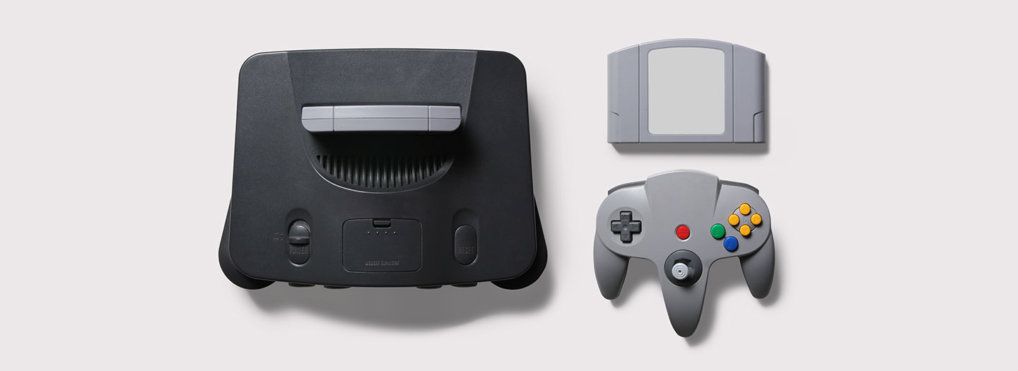 A mock Nintendo 64 console, controller, and game cartridge