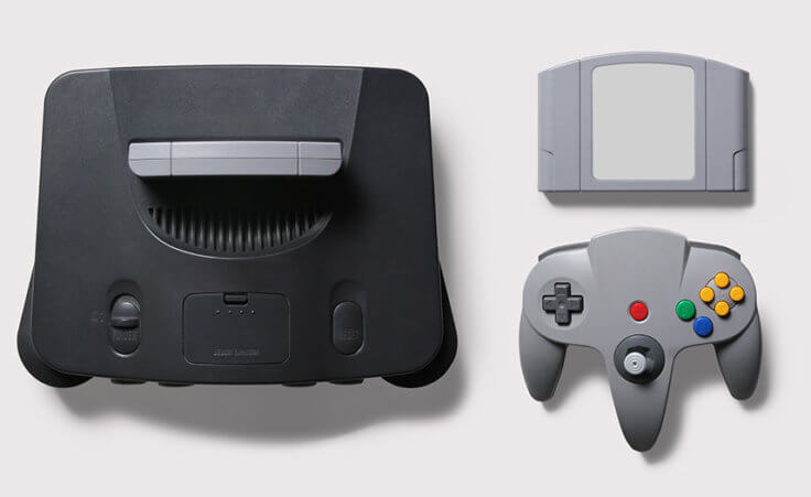 A mock Nintendo 64 console, controller, and game cartridge