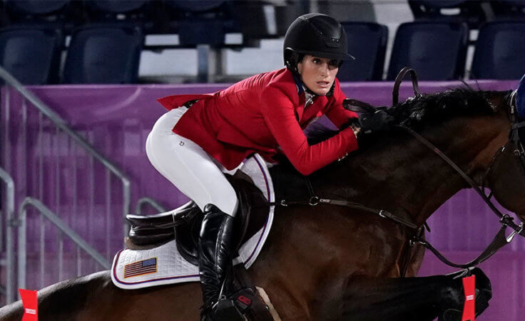 United States' Jessica Springsteen, riding Don Juan van de Donkhoeve, competes during the equestrian jumping individual qualifying at Equestrian Park in Tokyo at the 2020 Summer Olympics, Tuesday, Aug. 3, 2021, in Tokyo, Japan.