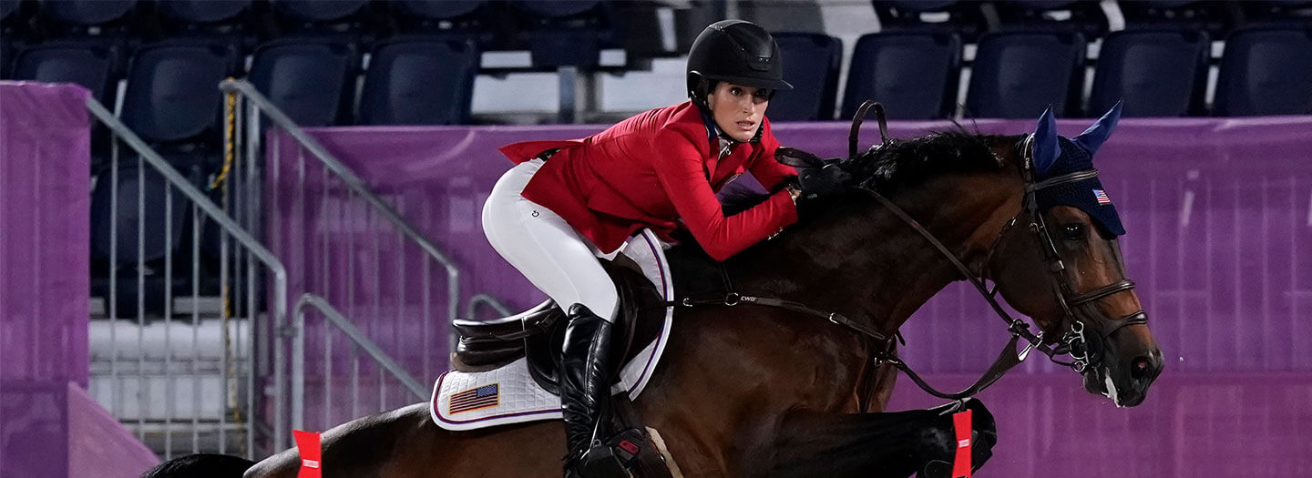 United States' Jessica Springsteen, riding Don Juan van de Donkhoeve, competes during the equestrian jumping individual qualifying at Equestrian Park in Tokyo at the 2020 Summer Olympics, Tuesday, Aug. 3, 2021, in Tokyo, Japan.