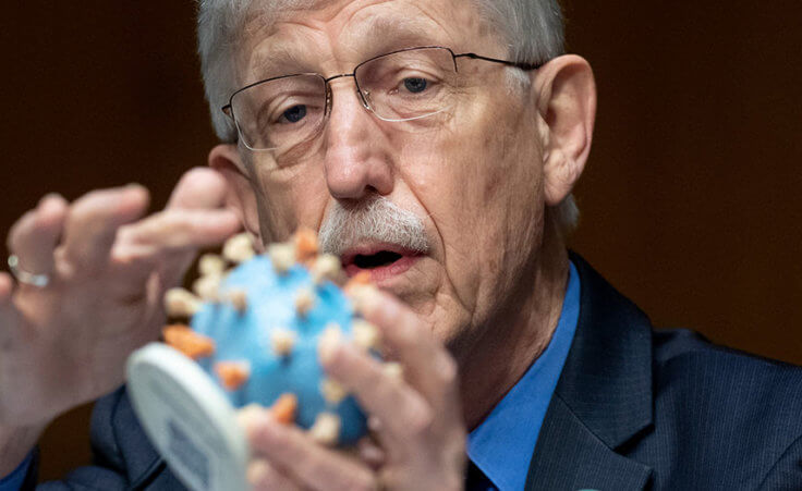 Dr. Francis Collins, Director of the National Institutes of Health (NIH), holds up a model of COVID-19, known as coronavirus, during a Senate Appropriations subcommittee hearing on the plan to research, manufacture and distribute a coronavirus vaccine, known as Operation Warp Speed, Thursday, July 2, 2020, on Capitol Hill in Washington. (Saul Loeb/Pool via AP)