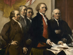 Thomas Jefferson and John Adams along with the other members of the Committee of Five present their work, June 1776, detail of John Trumbull's 1819 painting Declaration of Independence. By John Trumbull - US Capitol, Public Domain.