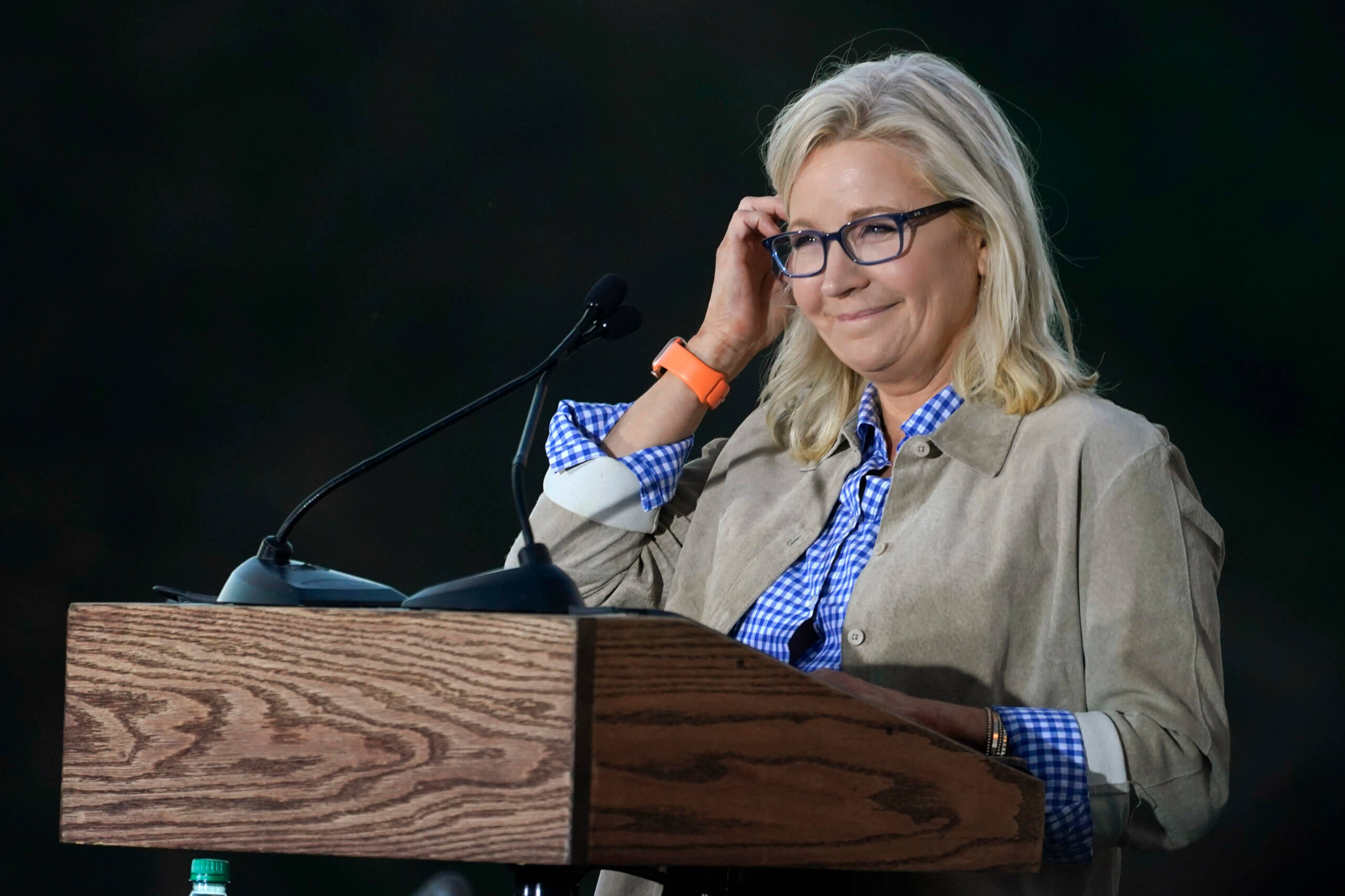 Rep. Liz Cheney, R-Wyo., pauses as she speaks Tuesday, Aug. 16, 2022, at an Election Day gathering in Jackson, Wyo. Cheney lost to Republican opponent Harriet Hageman in the primary. (AP Photo/Jae C. Hong)