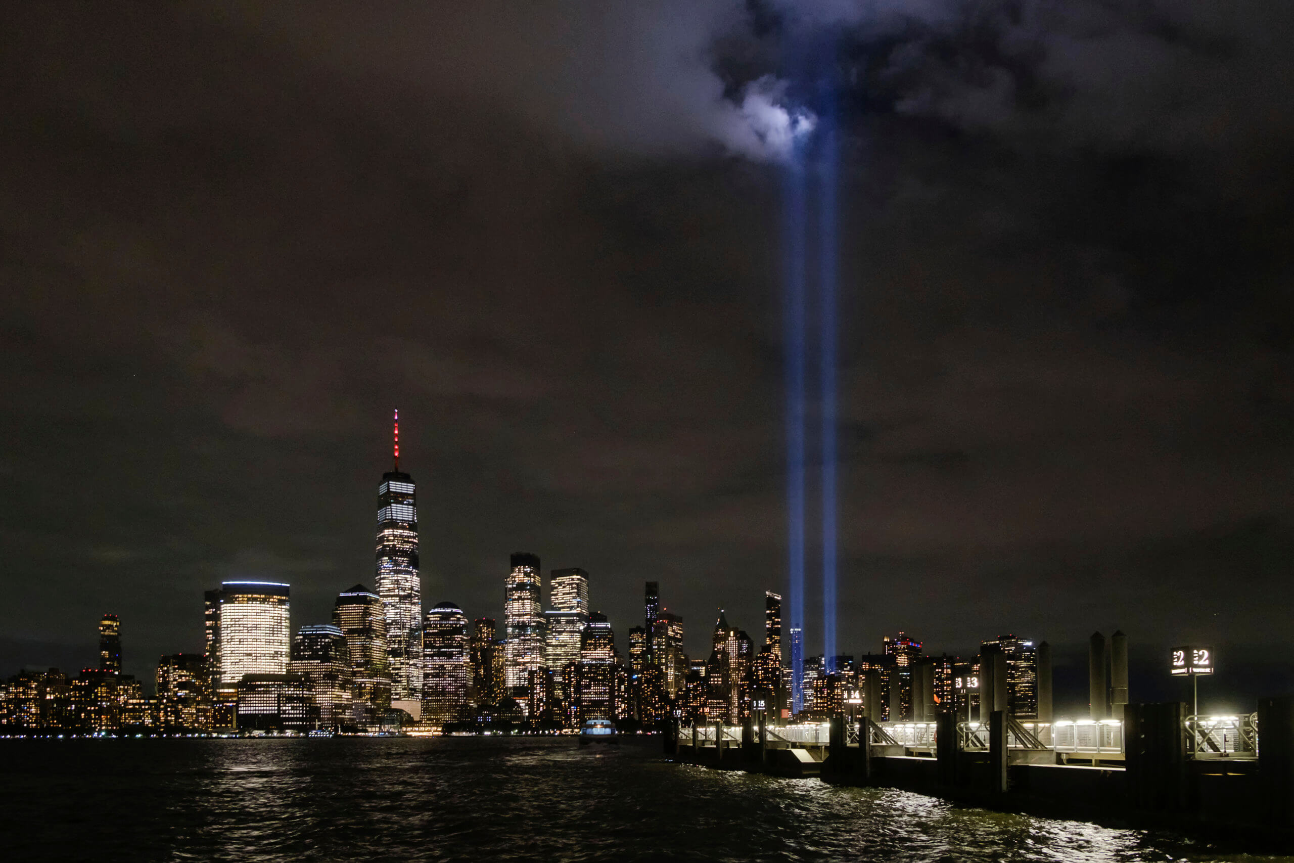 Twin beams of light commemorating the fallen twin towers of the World Trade Center are tested Wednesday night, Sept. 7, 2022, in New York City in advance of the 21st annual memorial of the Sept. 11 attacks. (AP Photo/J. David Ake)
