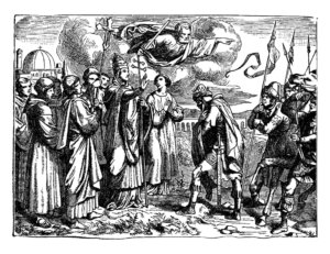 In a vintage line drawing, Attila the Hun is depicted cowering before Pope Leo the Great. © Morphart/stock.adobe.com