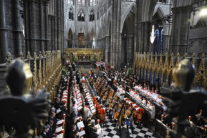 The funeral of Queen Elizabeth II in Westminster Abbey in central London, Monday Sept. 19, 2022. The Queen, who died aged 96 on Sept. 8, will be buried at Windsor alongside her late husband, Prince Philip, who died last year. (Ben Stansall/Pool via AP)
