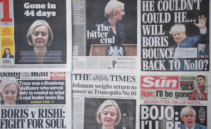 British national newspapers on the day of Liz Truss' resignation as British Prime Minister