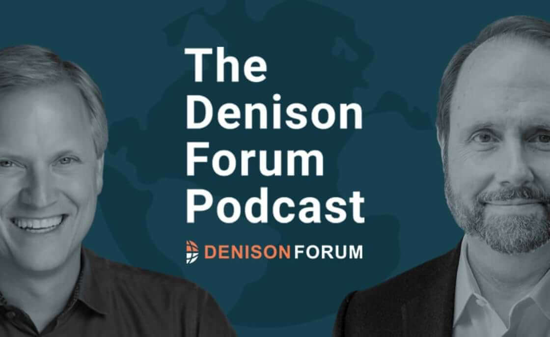Denison Forum podcast logo, protraits of Dr. Mark Turman and Dr. Jim Denison