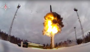 Russian Yars intercontinental ballistic missile being launched from an air field during military drills