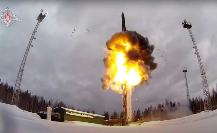 Russian Yars intercontinental ballistic missile being launched from an air field during military drills