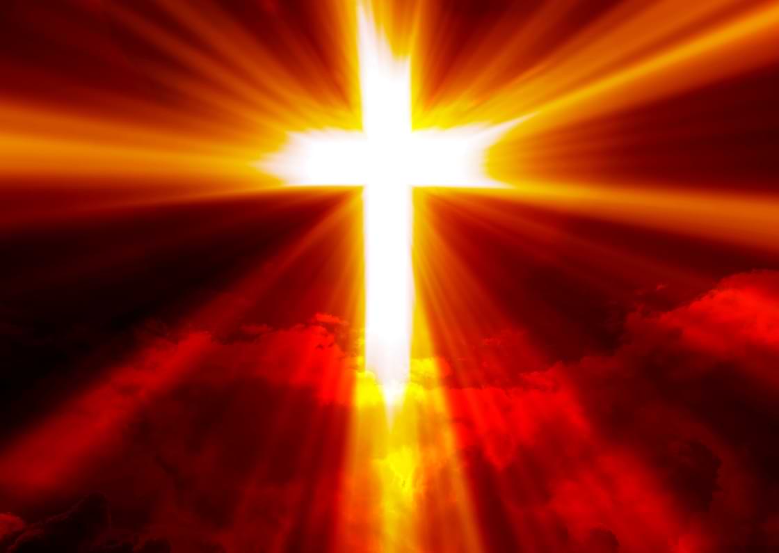 A shining white cross appears in a reddened sky.