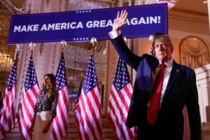 Former President Donald Trump waves after announcing he is running for president for the third time at Mar-a-Lago in Palm Beach, Fla., Tuesday, Nov. 15, 2022. (AP Photo/Andrew Harnik)