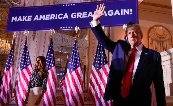 Former President Donald Trump waves after announcing he is running for president for the third time at Mar-a-Lago in Palm Beach, Fla., Tuesday, Nov. 15, 2022. (AP Photo/Andrew Harnik)