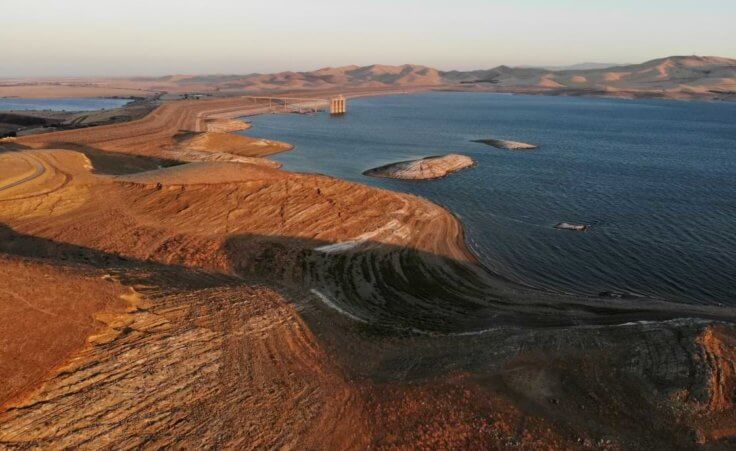 FILE - Water levels are low at San Luis Reservoir, which stores irrigation water for San Joaquin Valley farms, in Gustine, Calif., Sept. 14, 2022. The past three years have been California's driest on record and state officials said that they're preparing for the streak to continue. (AP Photo/Terry Chea, File)