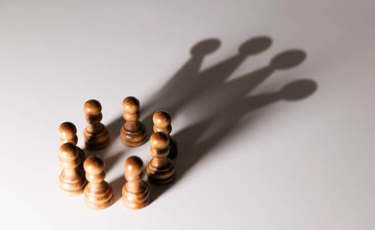 Eight wooden pawn pieces form a circle, casting a singular shadow of a crown onto a white background