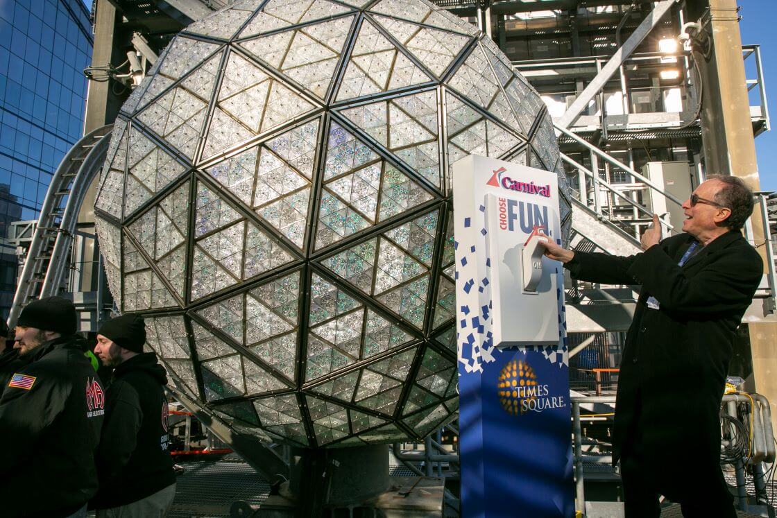 Jeffrey Straus, President of Countdown Entertainment, stands with the six-ton, 12-foot diameter New Year's Eve ball atop One Times Square in New York City on Friday, December 30, 2022. (AP Photo/Ted Shaffrey)