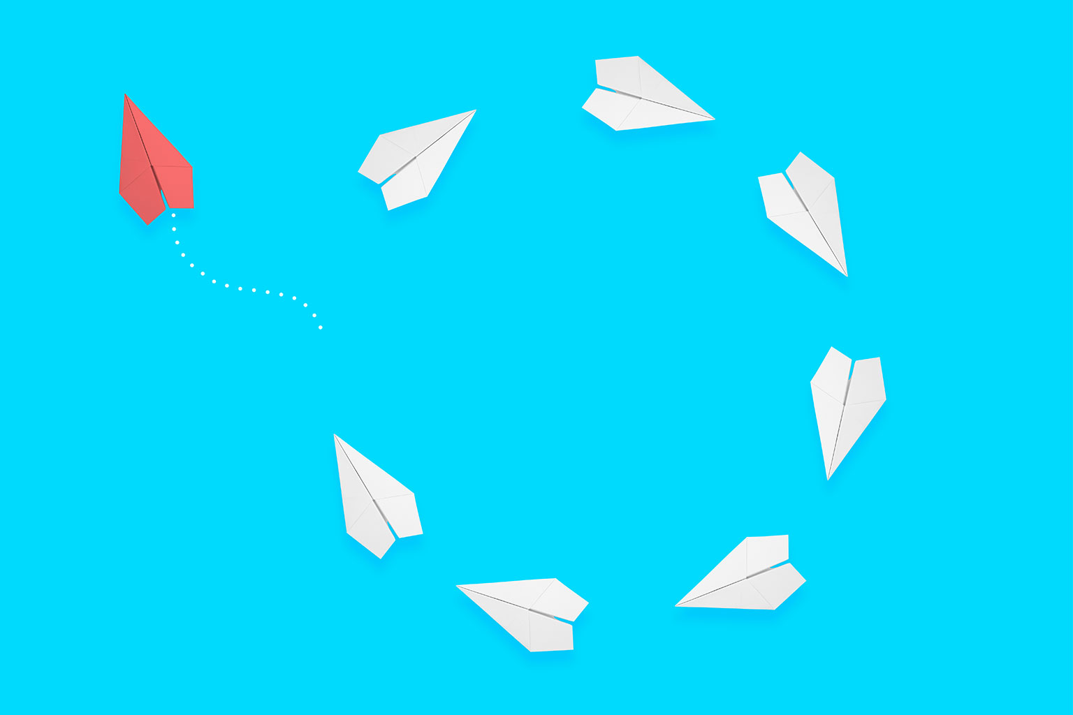 Seven white paper airplanes form a circle, but a single red paper airplane chooses its own path, flying up and to the left. © By Memed ÖZASLAN/stock.adobe.com