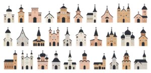 Simple line drawings of many kinds of churches signifying how there are so many denominations in Christianity. © By Pictulandra/stock.adobe.com