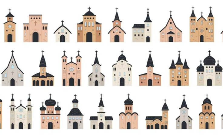 Simple line drawings of many kinds of churches signifying how there are so many denominations in Christianity. © By Pictulandra/stock.adobe.com