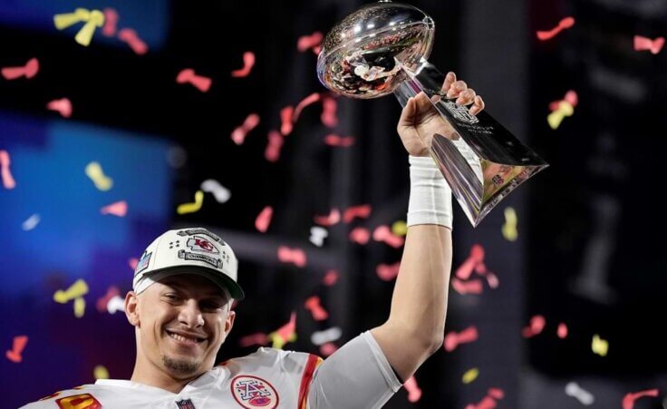 Kansas City Chiefs quarterback Patrick Mahomes holds the Vince Lombardi Trophy after the NFL Super Bowl 57 football game against the Philadelphia Eagles, Sunday, Feb. 12, 2023, in Glendale, Ariz. The Kansas City Chiefs defeated the Philadelphia Eagles 38-35. (AP Photo/Brynn Anderson)