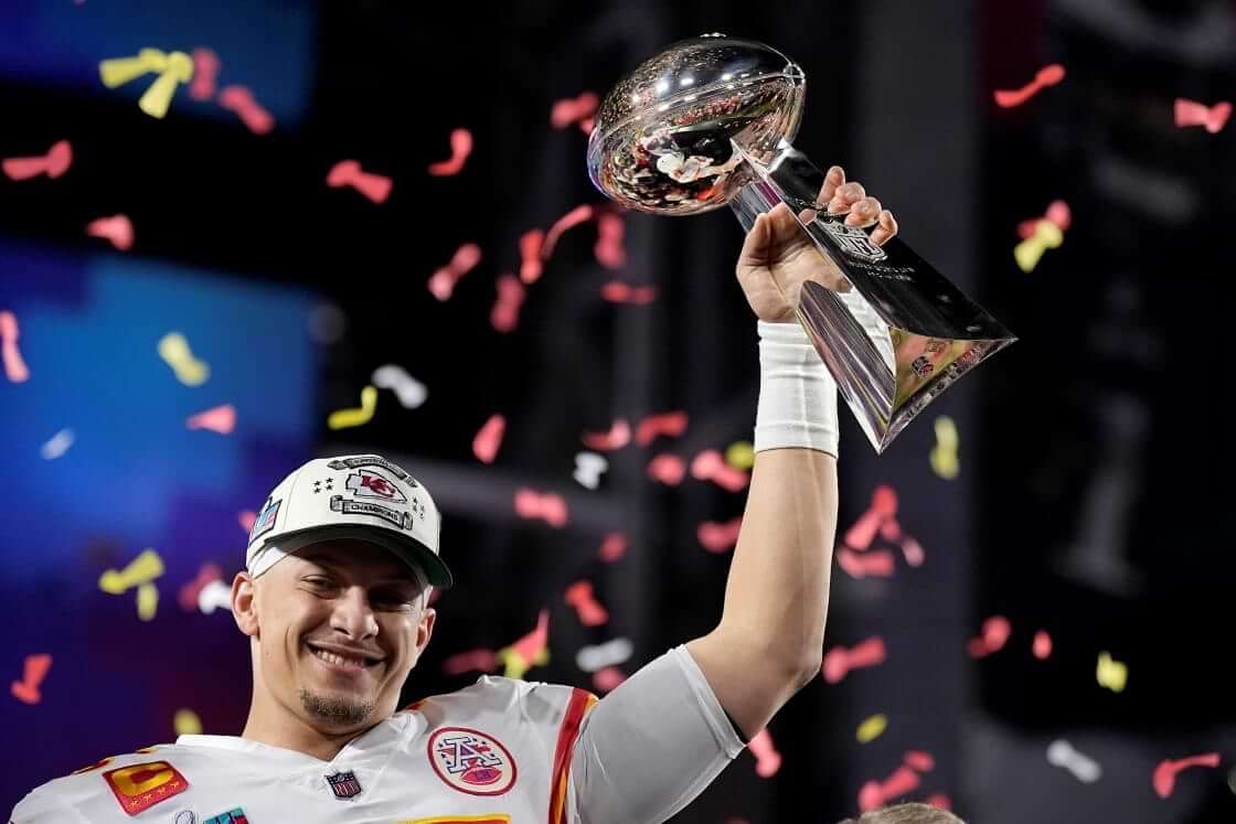 Kansas City Chiefs quarterback Patrick Mahomes holds the Vince Lombardi Trophy after the NFL Super Bowl 57 football game against the Philadelphia Eagles, Sunday, Feb. 12, 2023, in Glendale, Ariz. The Kansas City Chiefs defeated the Philadelphia Eagles 38-35. (AP Photo/Brynn Anderson)