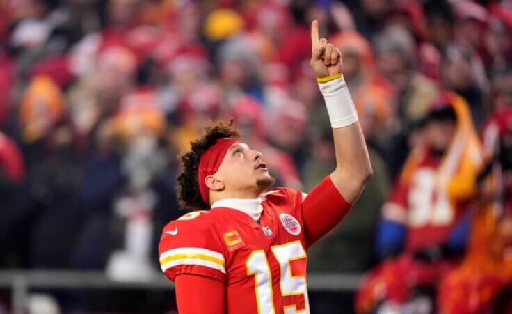 FILE - Kansas City Chiefs quarterback Patrick Mahomes reacts before the NFL AFC Championship playoff football game against the Cincinnati Bengals, Sunday, Jan. 29, 2023, in Kansas City, Mo. Public display of faith is nothing new in football or sports. (AP Photo/Charlie Riedel, File). Mahomes is one of many Super Bowl Christian players.