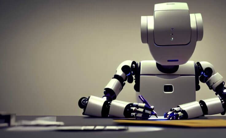 A robot sits at a desk holding a pen to paper, indicative of AI like ChatGPT disrupting higher education. © By Shafay/stock.adobe.com