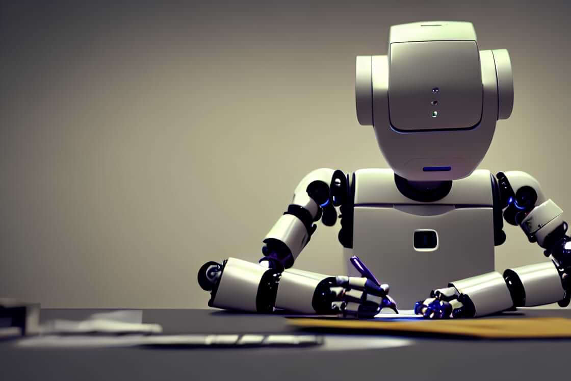 A robot sits at a desk holding a pen to paper, indicative of AI like ChatGPT disrupting higher education. © By Shafay/stock.adobe.com