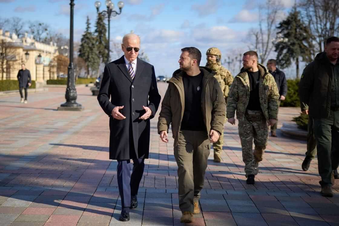 US President Joe Biden, left, and Ukrainian President Volodymyr Zelenskyy walk during an unannounced visit in Kyiv, Ukraine, Monday, Feb. 20, 2023. (Ukrainian Presidential Press Office via AP)