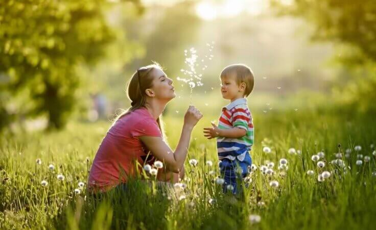A single mother and her son blow dandelion seeds into the air in a field. © By stepinpapa/stock.adobe.com