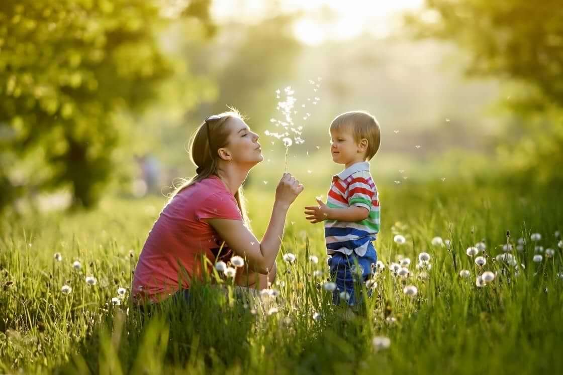 A single mother and her son blow dandelion seeds into the air in a field. © By stepinpapa/stock.adobe.com