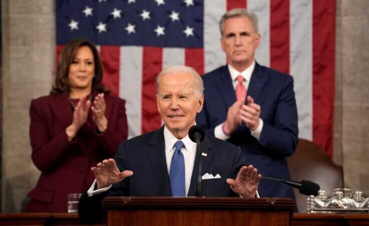 President Joe Biden delivers the State of the Union address to a joint session of Congress at the U.S. Capitol, Tuesday, Feb. 7, 2023, in Washington, as Vice President Kamala Harris and House Speaker Kevin McCarthy of Calif., applaud. (AP Photo/Jacquelyn Martin, Pool)