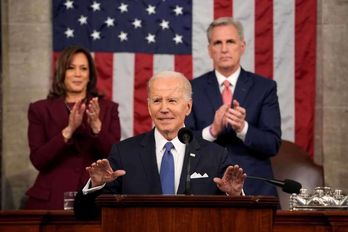 President Joe Biden delivers the State of the Union address to a joint session of Congress at the U.S. Capitol, Tuesday, Feb. 7, 2023, in Washington, as Vice President Kamala Harris and House Speaker Kevin McCarthy of Calif., applaud. (AP Photo/Jacquelyn Martin, Pool)