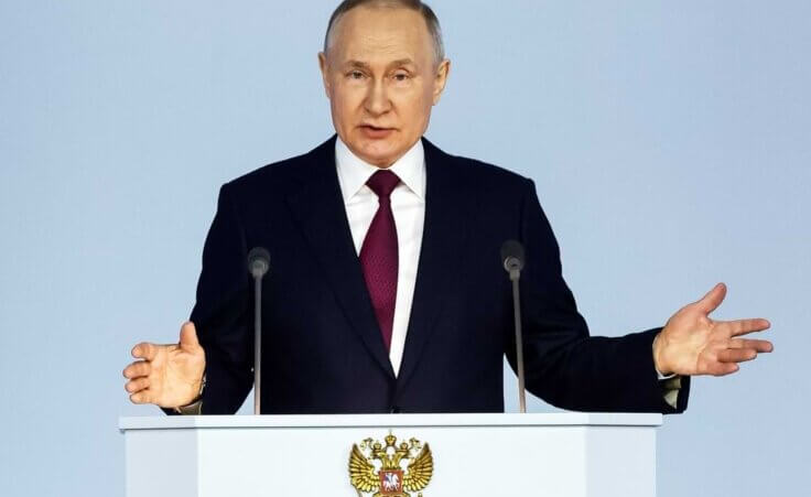 Russian President Vladimir Putin gestures as he gives his annual state of the nation address in Moscow, Russia, Tuesday, Feb. 21, 2023. (Dmitry Astakhov, Sputnik, Kremlin Pool Photo via AP). The Russia Ukraine war is approaching its one-year anniversary.