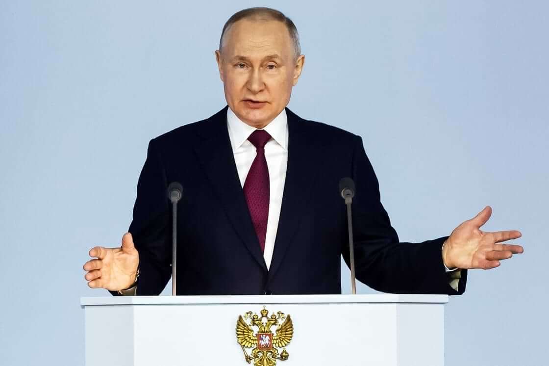 Russian President Vladimir Putin gestures as he gives his annual state of the nation address in Moscow, Russia, Tuesday, Feb. 21, 2023. (Dmitry Astakhov, Sputnik, Kremlin Pool Photo via AP). The Russia Ukraine war is approaching its one-year anniversary.