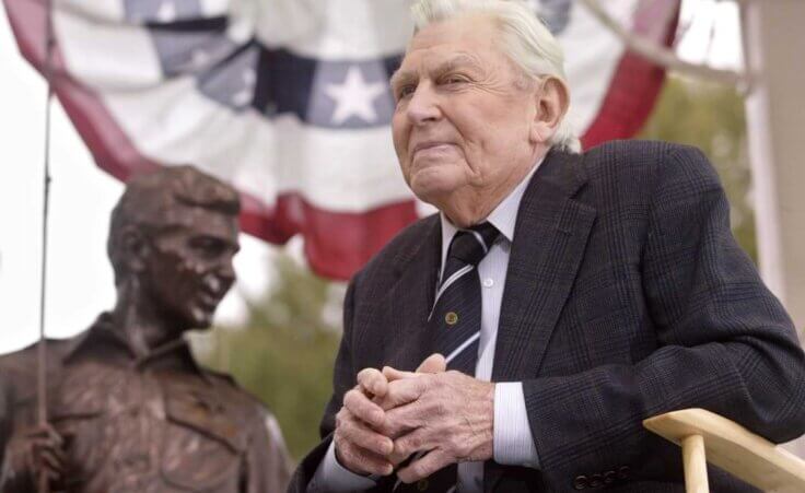 FILE - This Oct. 28, 2003 file photo shows actor Andy Griffith sitting in front of a bronze statue of Andy and Opie from the "Andy Griffith Show," after the unveiling ceremony in Raleigh, N.C. Griffith, whose homespun mix of humor and wisdom made "The Andy Griffith Show" an enduring TV favorite, died Tuesday, July 3, 2012 in Manteo, N.C. He was 86. (AP Photo/Bob Jordan, File)