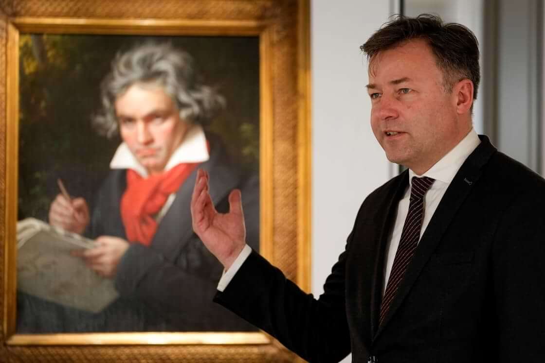 Malte Boecker, Director Beethoven Haus, talks during an interview with The Associated Press in Bonn, Germany, on the sequencing project of the genome of world famous composer Ludwig van Beethoven by an international team of researchers led by Cambridge University, Tuesday, March 21, 2023. Scientists have pulled Beethoven's genome from locks of his hair to look for clues about his many health problems. (AP Photo/Martin Meissner)