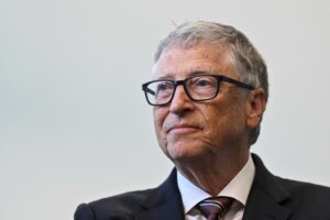 Bill Gates reacts during a visit with Britain's Prime Minister Rishi Sunak at the Imperial College University, in central London, Wednesday Feb. 15, 2023. (Justin Tallis/Pool via AP)