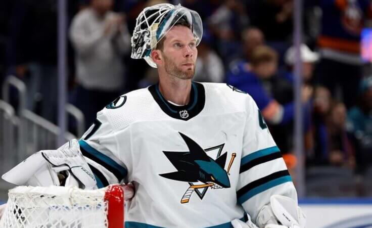 FILE - San Jose Sharks goaltender James Reimer (47) reacts after giving up a goal against the New York Islanders in the second period of an NHL hockey game Tuesday, Oct. 18, 2022, in Elmont, N.Y. Reimer won't take part in pregame warmups, saying the team's decision to wear Pride-themed jerseys in support of the LGBTQIA+ community runs counter to his religious beliefs. (AP Photo/Adam Hunger, File)